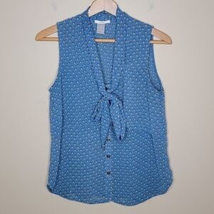 Esley | Blue & Yellow Print Tie Neck Sleeveless Blouse